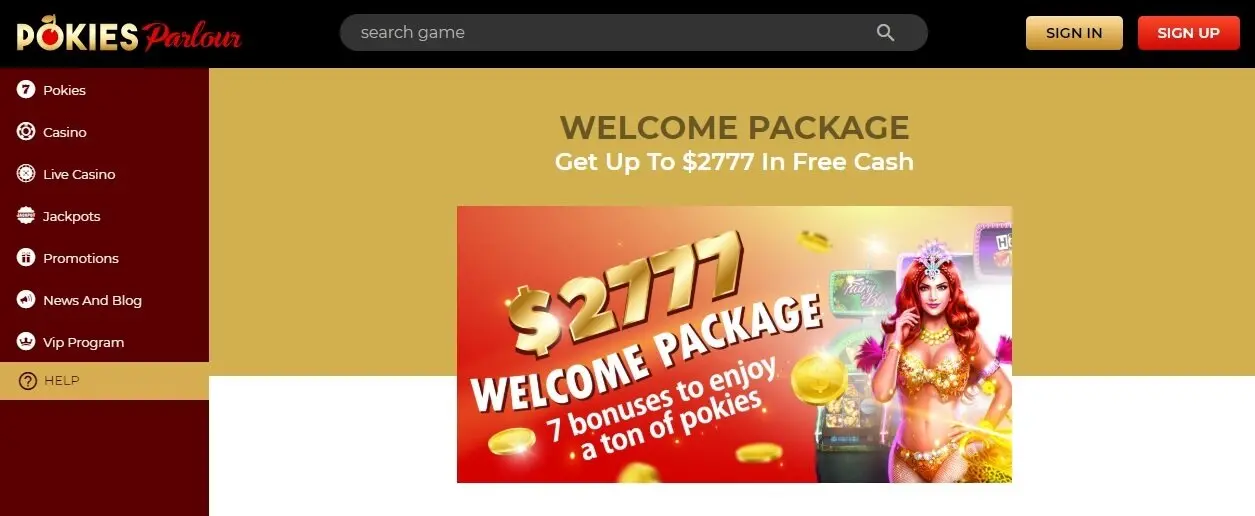 Pokies Parlour welcome package website screen capture