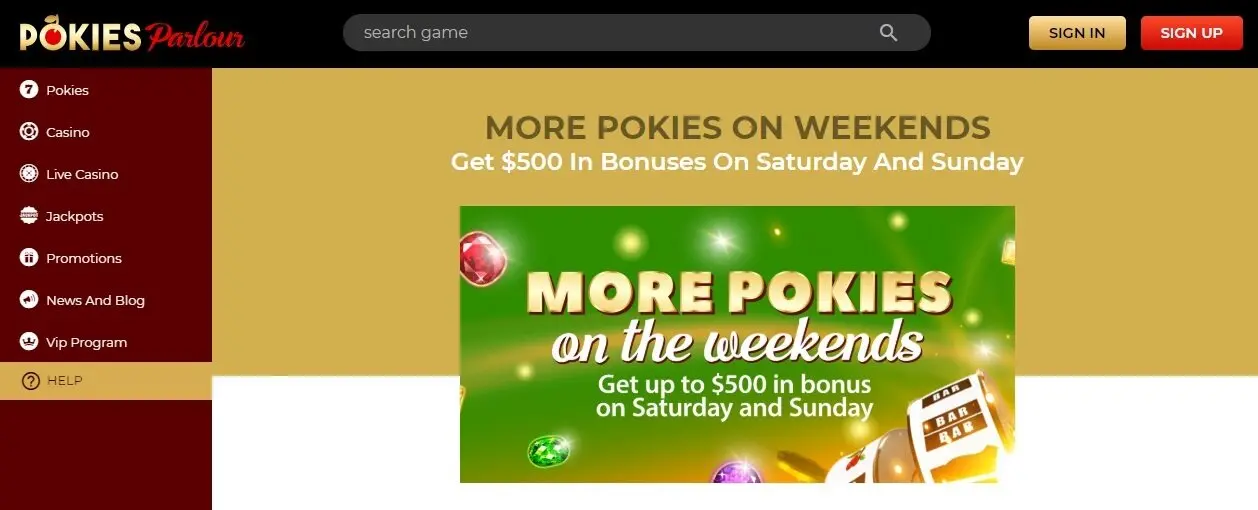 Pokies Parlour Saturday and Sunday bonus
