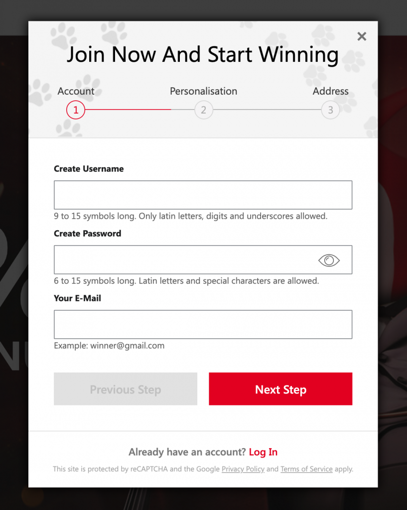 signup page at red dog