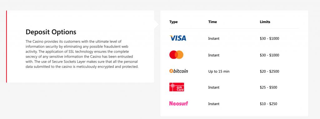 Red Dog Casino Deposit Options
